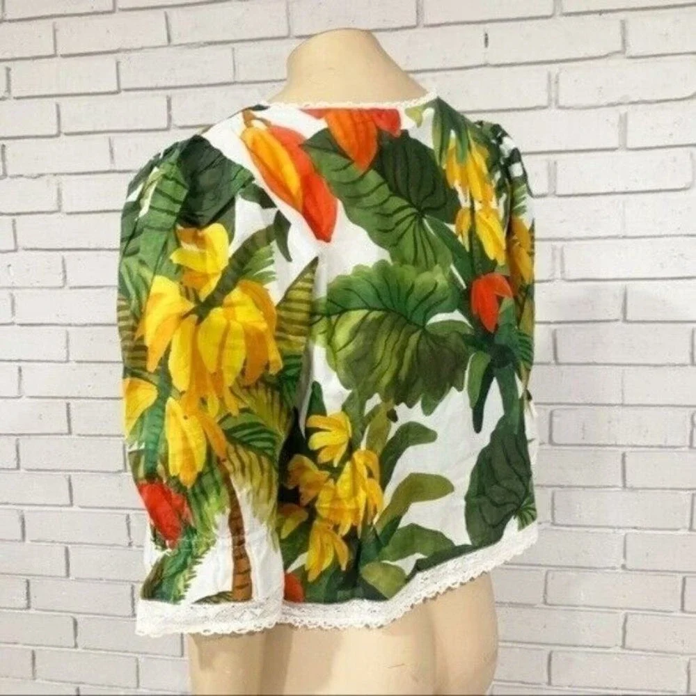 Farm Rio Green White Lace Trim Puff Sleeve Square Neck Button Front Top NWT M